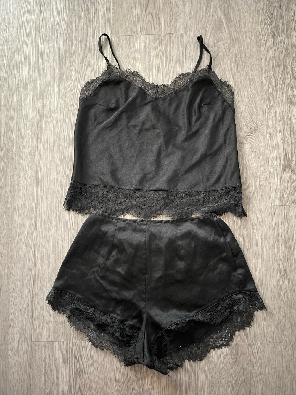 Victoria's Secret Black Satin Lace Cami & Shorts Set
